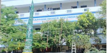 A giant Christmas tree made of candy wrappers stands out in the school yard