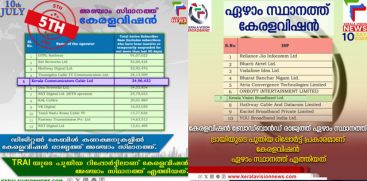 KERALAVISION ENTERS TOP 5 IN INDIA IN DIGITAL CABLE TV SECTION AND TOP 7 IN FIBER TO HOME BROADBAND SECTION