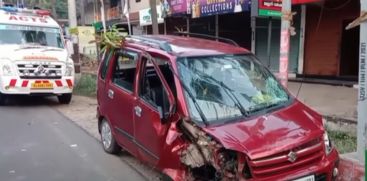 An accident occurred in Guruvayur when a car that went out of control hit a pedestrian and hit an electric post